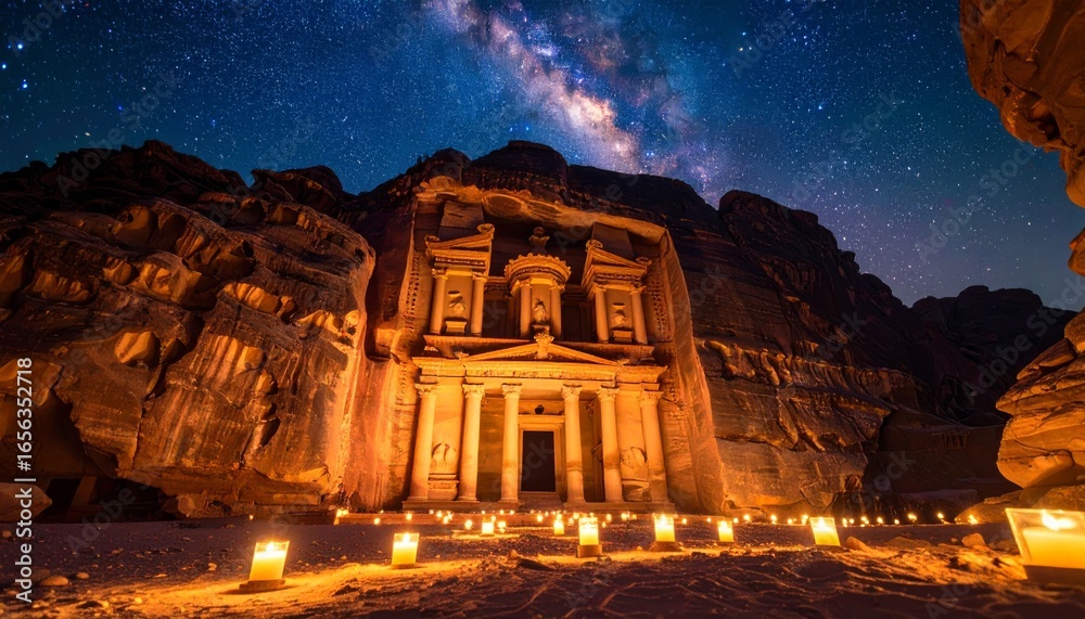 Fototapeta premium Petra Treasury at night, softly lit