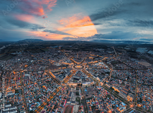 aerial view of the city at sunset