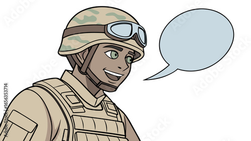 Smiling Military Person in Camouflage Uniform with Speech Bubble.