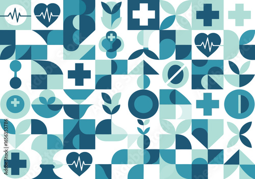 Vector illustration of abstract geometric pattern with medical and healthcare symbols in blue and teal tones