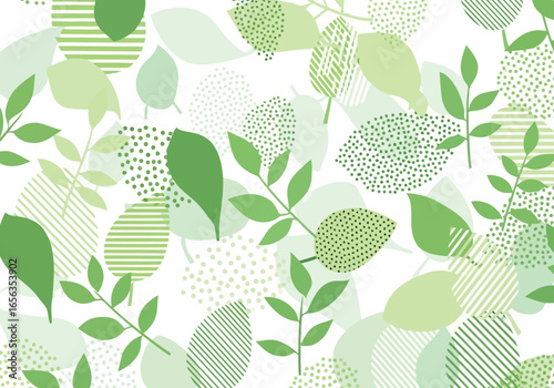 Vector illustration of modern green leaf pattern with abstract shapes and textures, creating a fresh and organic botanical design for a natural background