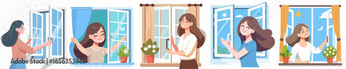 vector of a woman opening the window in the morning