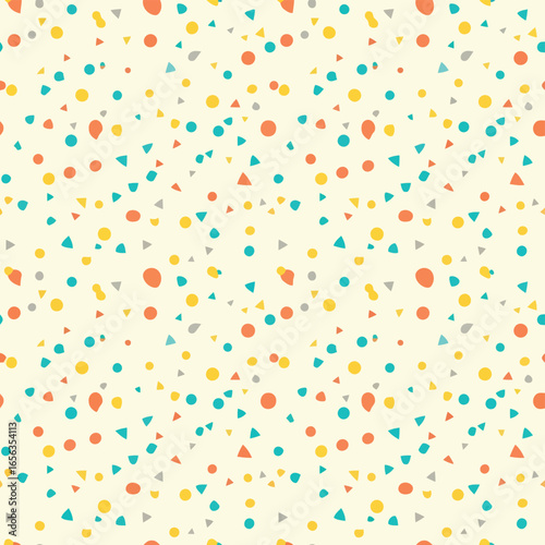 Vector illustration of playful pattern of colorful confetti dots and triangles on a light background, evoking a sense of celebration and fun for festive designs
