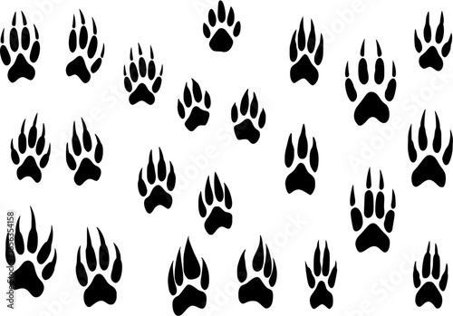 Vector set of wild wood animal tracks. Animal paw prints, vector different animals footprints black on white illustration. Сheckered background.
