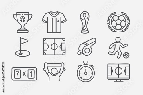 Linear icon set about football: trophy, jersey, ball, player, field, goal, stopwatch, whistle, fans and scoreboard. Minimalist stroke style, perfect for sports designs and championship-related content