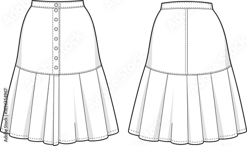 Stylish women's pleated midi skirt technical fashion sketch with button-front detail for versatile and contemporary apparel design CAD, flat vector illustration