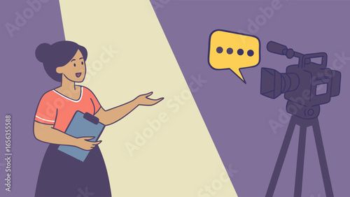 Woman Presenting to Camera with Speech Bubble Illustration.