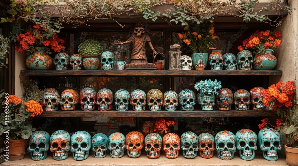 Fototapeta premium Decorative skulls on shelves
