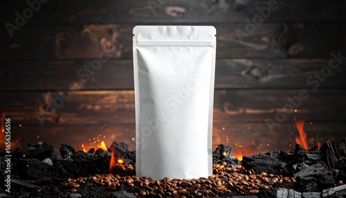 Premium roasted coffee packaging mockup. Blank white doypack standing on fiery charcoal and coffee beans against a rustic wood wall.