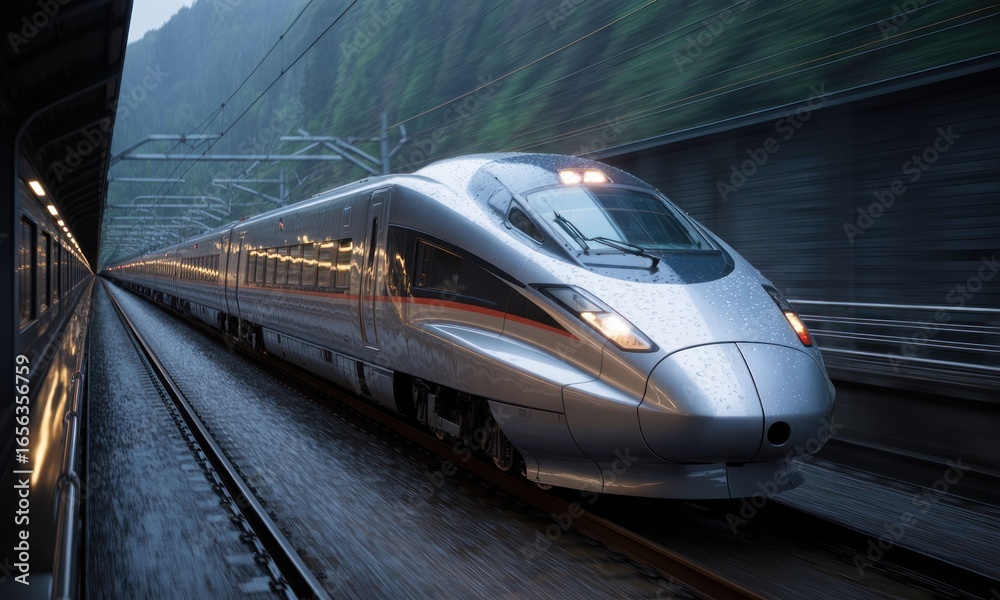 Fototapeta premium High-speed train hurtling through tunnel on wet tracks