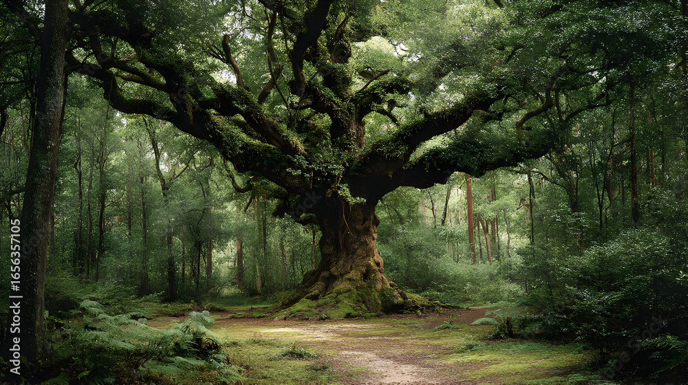 Fototapeta premium Giant Oak Tree in Lush Green Forest