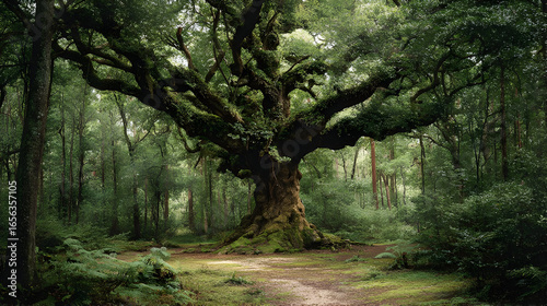 Giant Oak Tree in Lush Green Forest


