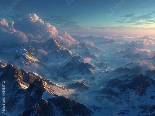and keyword list based on the image, focusing on the content and avoiding any brand references

 Mountains rise above clouds at dawn, serene landscape in natural setting