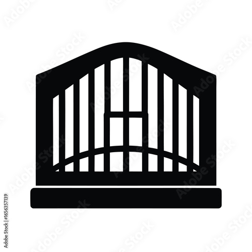 Vector art of black silhouette of an ornate arched gate with vertical bars and a horizontal crossbar