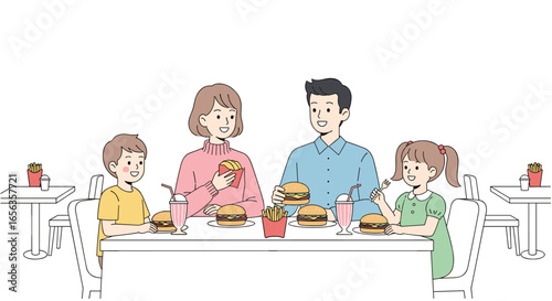 family eating burgers vector illustration, happy people dining together, flat design, restaurant sce