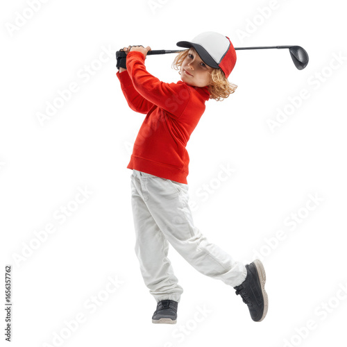 Child Swinging Golf Club in Isolated Pose with Enthusiastic Expression
