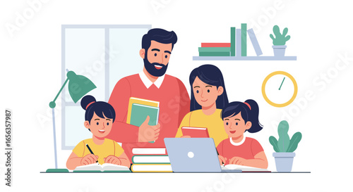 Family Studying at Home Illustration Vector Flat Design Education Concept Icon Modern Style