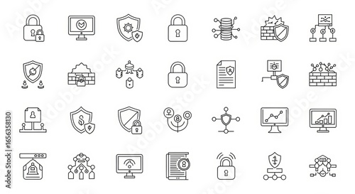 Collection of digital security and data protection icons in a clean, modern line art style