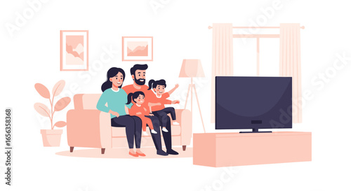 Family watching tv vector illustration, happy people in living room, modern flat design concept