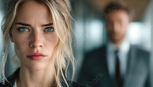 Wallpaper Mural A close-up portrait of a serious woman against a blurred professional background, exuding confidence and determination in a modern environment. Torontodigital.ca