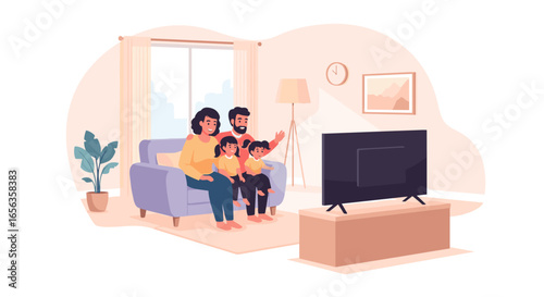 family watching tv vector illustration happy home concept flat design modern style interior scene