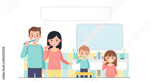 Family Brushing Teeth Illustration Vector Flat Design Bathroom Scene Happy People Concept