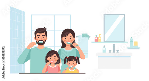 Family Brushing Teeth Vector Illustration, Healthcare Concept, Modern Flat Design, Bathroom Scene