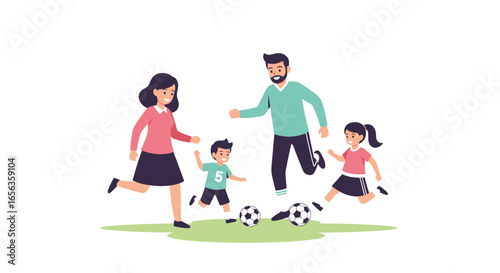 Family playing soccer vector illustration happy parents with children outdoor sports activity concep