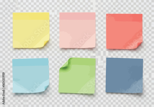 Vector illustration of collection of colorful sticky notes with torn edges, perfect for reminders and messages, isolated on a transparent background