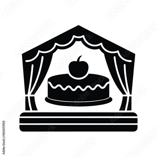 Vector art of a black and illustration of a stage with curtains and a cake with an apple top, isolated a