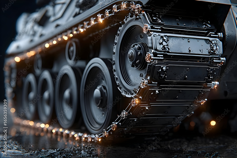 Fototapeta premium A close-up view of a tank's track, showcasing intricate details and textures of its metallic surface, illuminating the engineering of military vehicles.