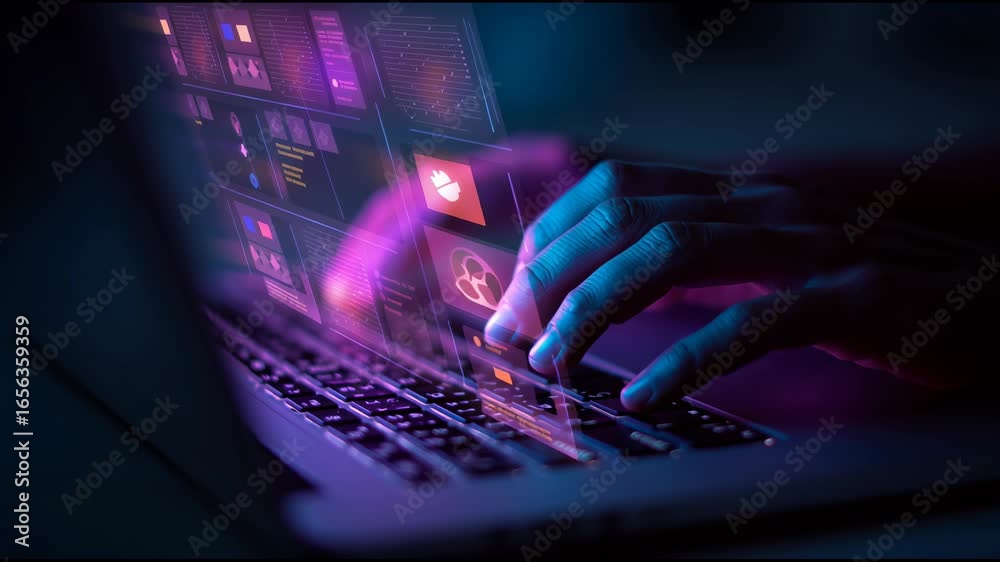 Futuristic digital technology interface with dynamic motion graphics innovative visuals high-tech screens and modern data visualization for creative video production