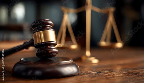 A close-up view of a wooden gavel resting on a table, with a pair of golden balance scales in the background, symbolizing justice and law.