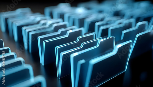 A close-up view of glowing digital folders arranged in an organized manner, symbolizing data management and efficiency in modern business environments.