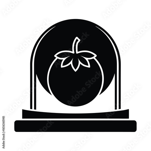 Vector art of a black and icon of a ripe tomato inside a glass dome, isolated a