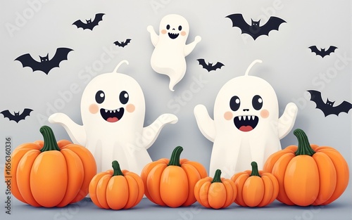 Colorful pumpkins and friendly ghosts create a cheerful Halloween display with bat motifs on a light gray background. High quality
