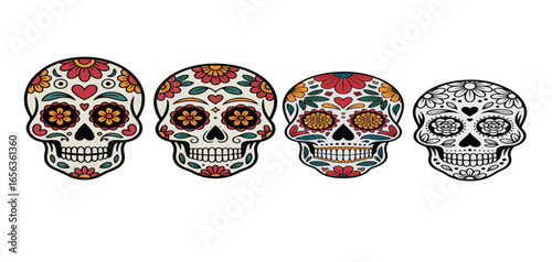 Colourful Sugar Skulls Set for Day of the Dead Celebration AI Generative icon set