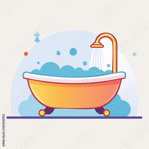 Cartoon Bathtub With Shower And Foam