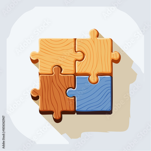 Four Wooden Puzzle Pieces Connected In Icon Design
