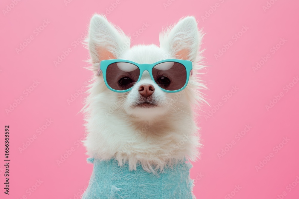 Fototapeta premium Dog wearing funny sunglasses poses confidently against a bright pink backdrop