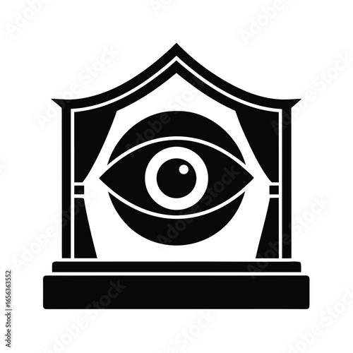 Vector art of allseeing eye within a theatrical stage setting, symbolizing surveillance and hidden knowledge