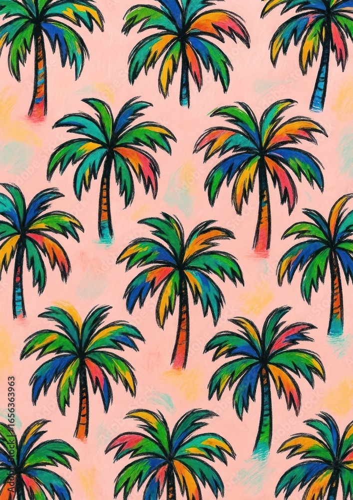 Fototapeta premium Colorful palm trees pattern illustration.