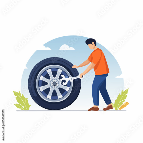 Man Changing Tire With Wrench In Flat Design