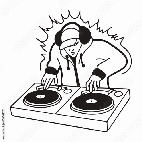 A black and white vector illustration of a DJ wearing a cap and headphones