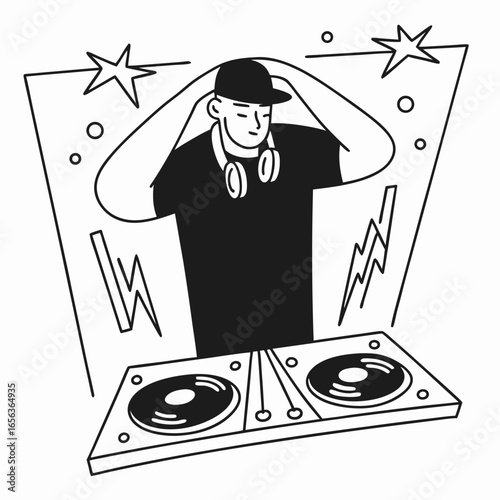 A black and white vector illustration of a DJ wearing a cap and headphones