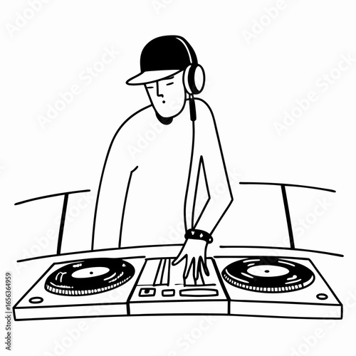 A black and white vector illustration of a DJ wearing a cap and headphones