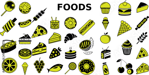 Yellow and Black Food Icons Set – Vector Collection of Sweets, Snacks, Fruits, and Desserts