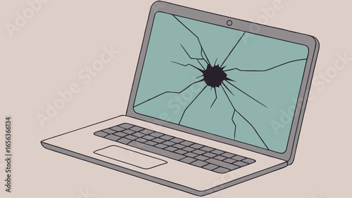 Broken Laptop Screen with Central Crack and Shattered Glass 1.