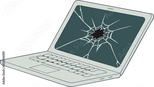 Broken Laptop Screen with Extensive Cracks and Hole.