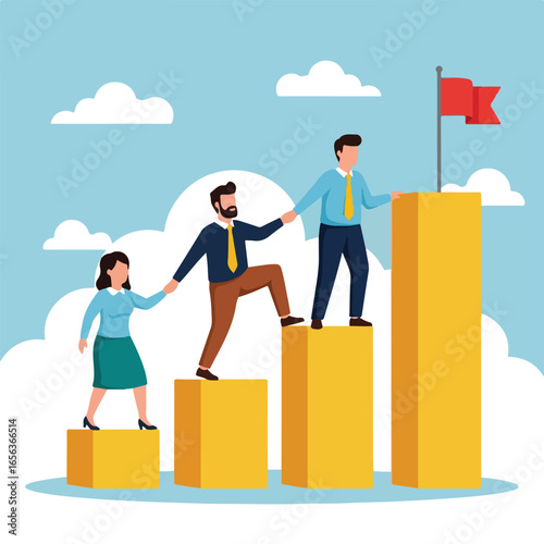 Teamwork climbs the ladder to success, inspiring a group to achieve their goals.